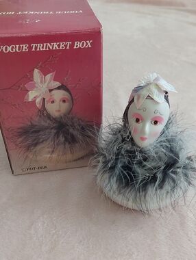 VOGUE Porcelain Pierrot-style Clown Feathered Head Trinket Box NIB